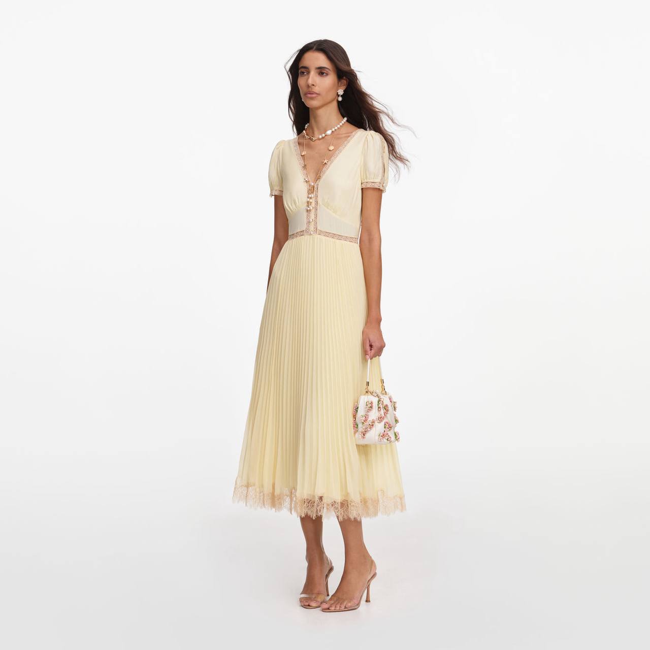 SP Yellow Viscose Pleated Lace Midi Dress