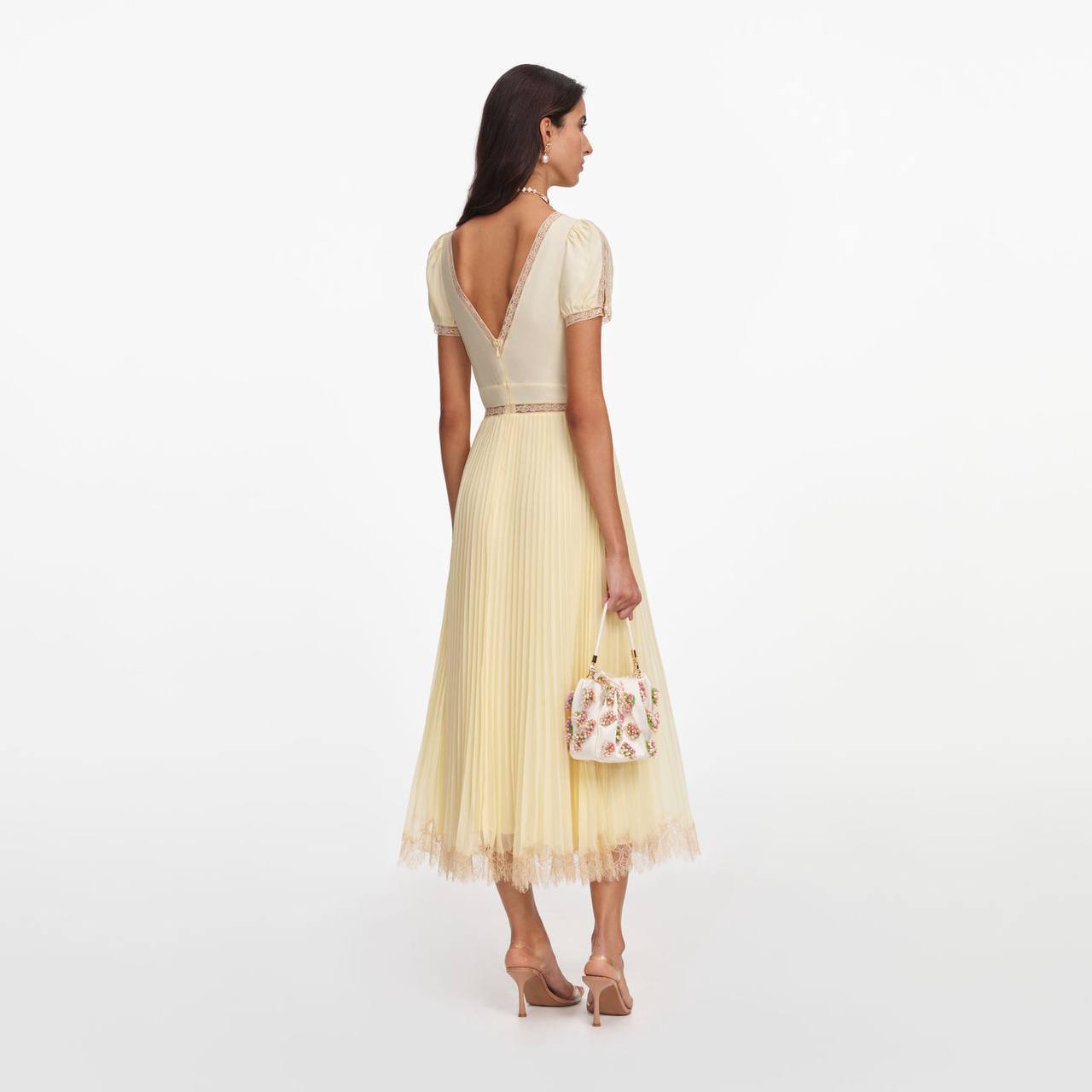 SP Yellow Viscose Pleated Lace Midi Dress