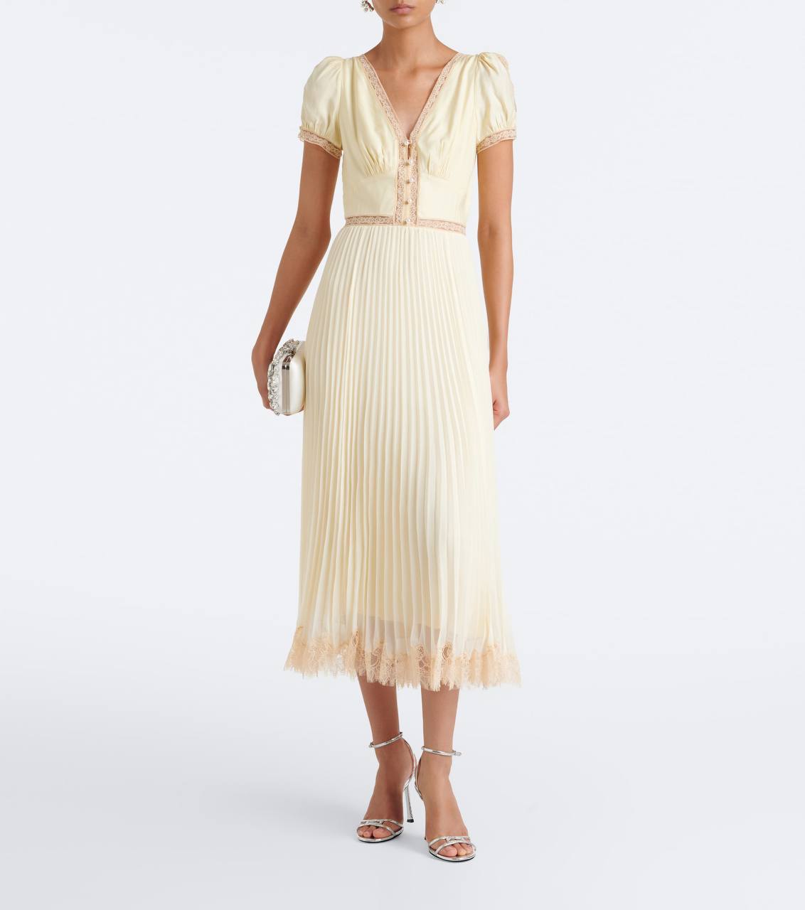 SP Yellow Viscose Pleated Lace Midi Dress