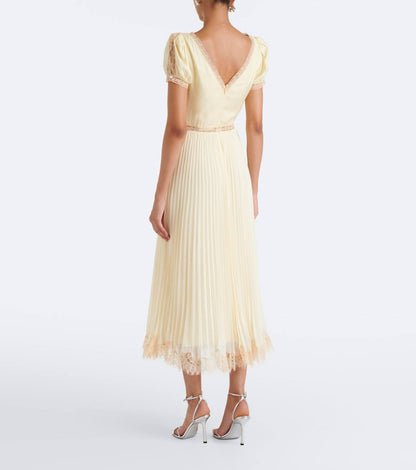 SP Yellow Viscose Pleated Lace Midi Dress
