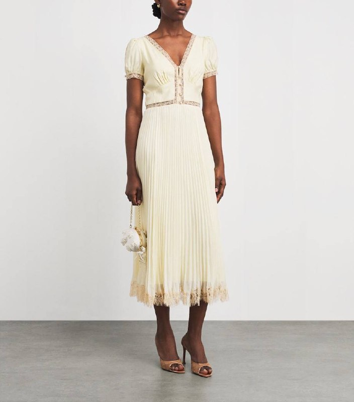 SP Yellow Viscose Pleated Lace Midi Dress