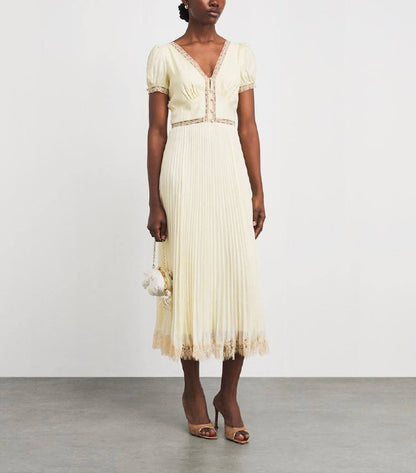 SP Yellow Viscose Pleated Lace Midi Dress