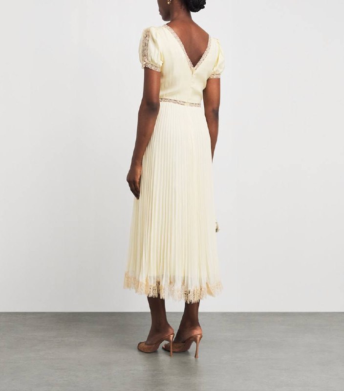 SP Yellow Viscose Pleated Lace Midi Dress