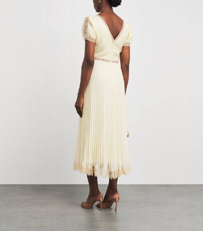 SP Yellow Viscose Pleated Lace Midi Dress