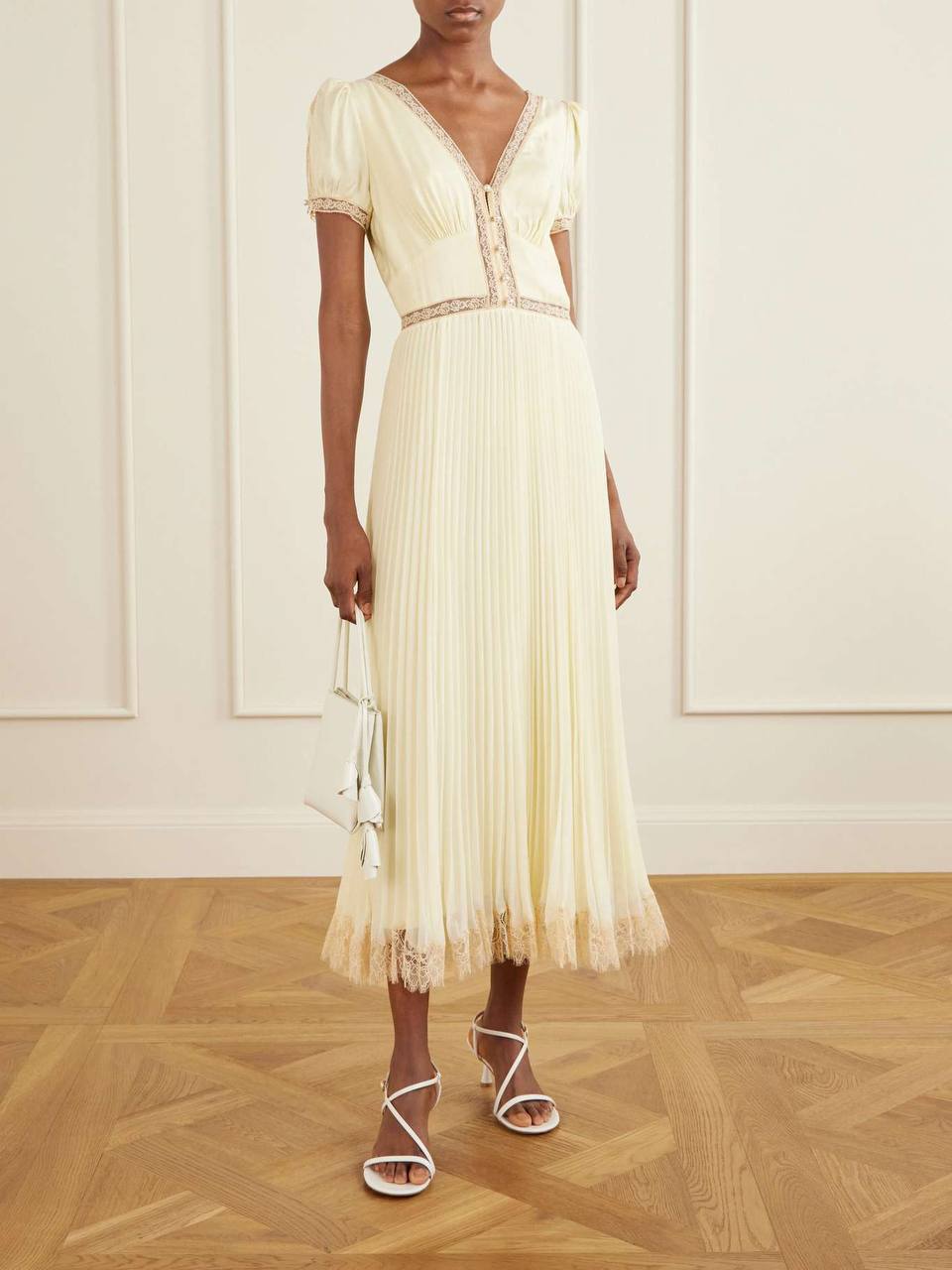SP Yellow Viscose Pleated Lace Midi Dress