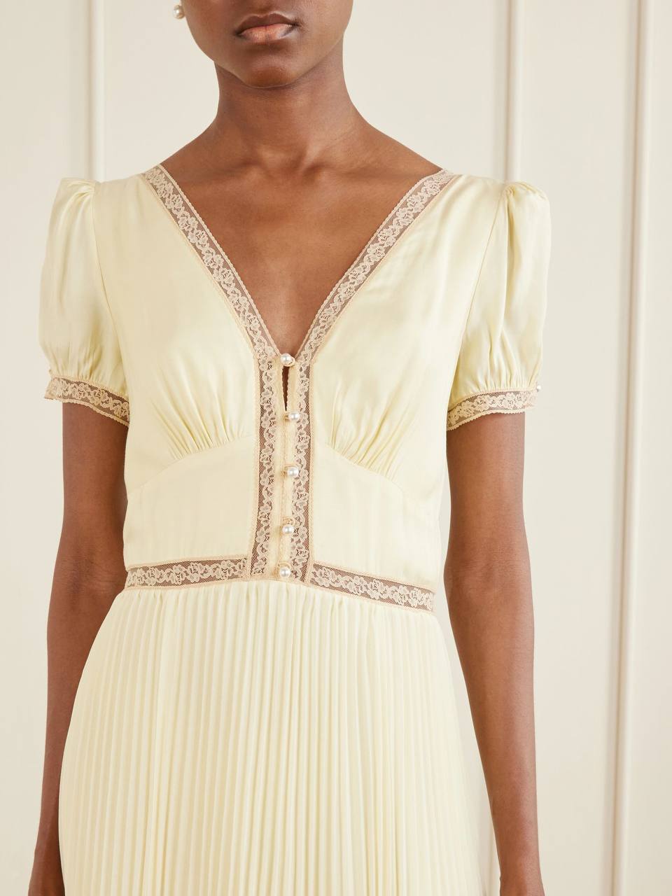 SP Yellow Viscose Pleated Lace Midi Dress