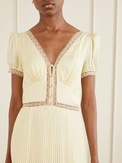 SP Yellow Viscose Pleated Lace Midi Dress