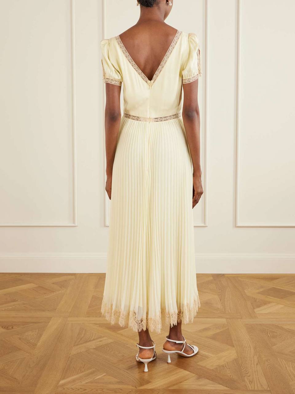 SP Yellow Viscose Pleated Lace Midi Dress