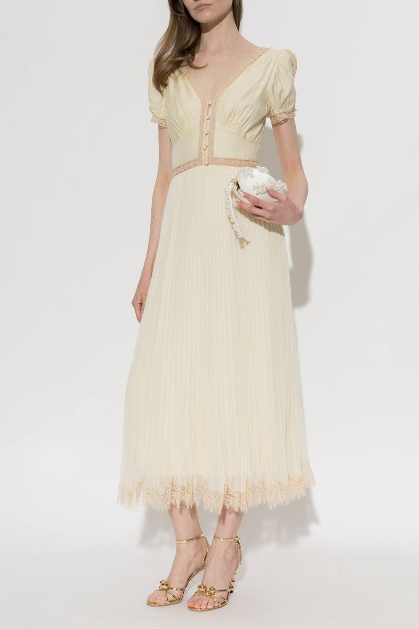 SP Yellow Viscose Pleated Lace Midi Dress