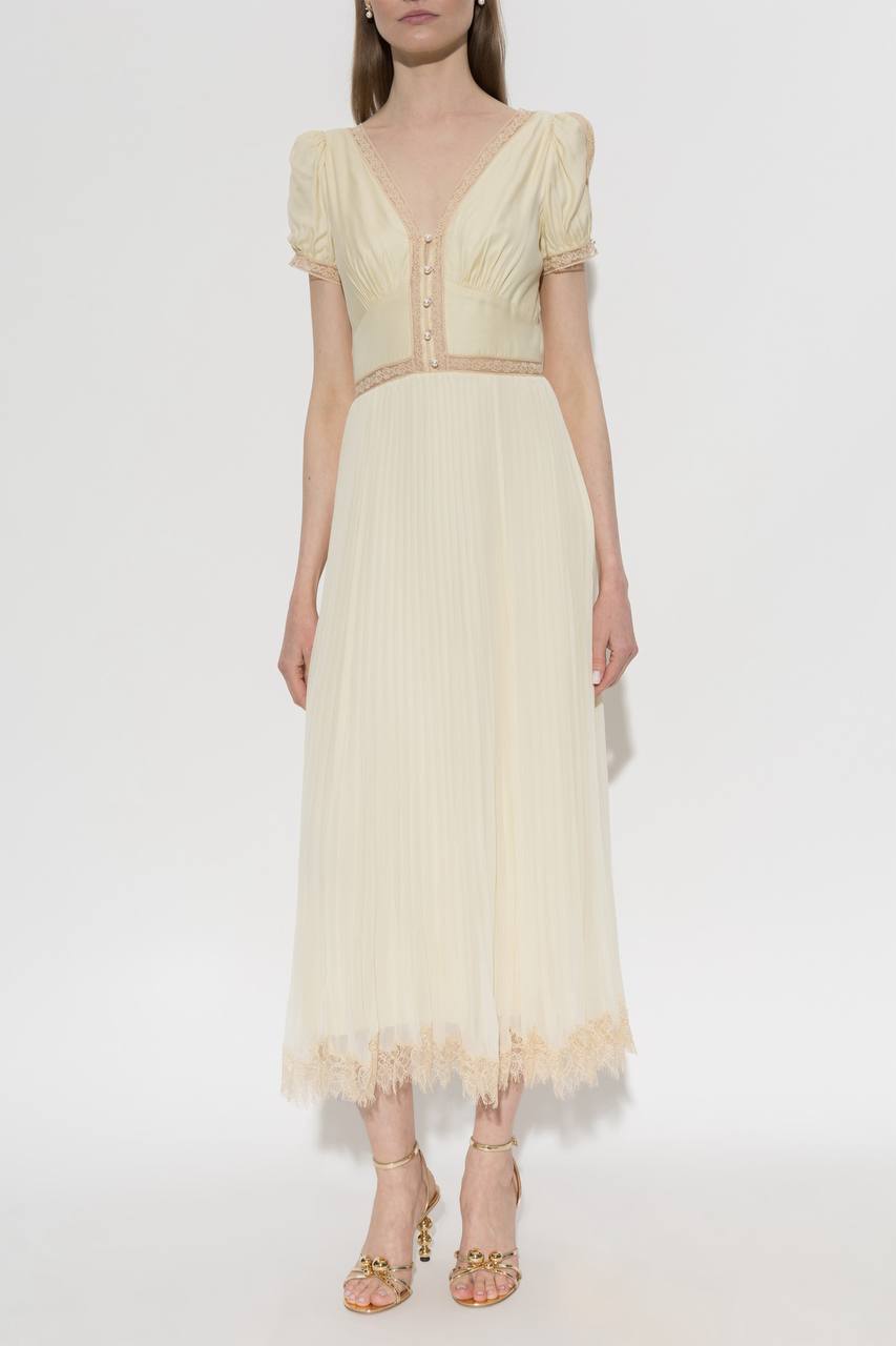 SP Yellow Viscose Pleated Lace Midi Dress