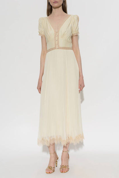 SP Yellow Viscose Pleated Lace Midi Dress