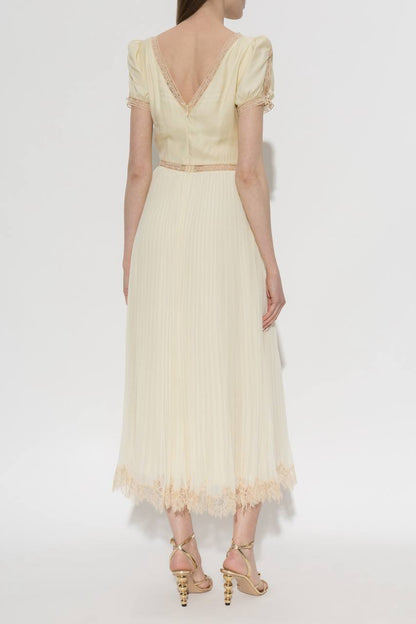 SP Yellow Viscose Pleated Lace Midi Dress