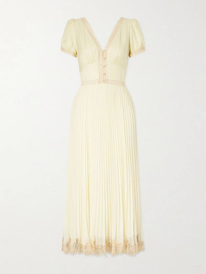 SP Yellow Viscose Pleated Lace Midi Dress