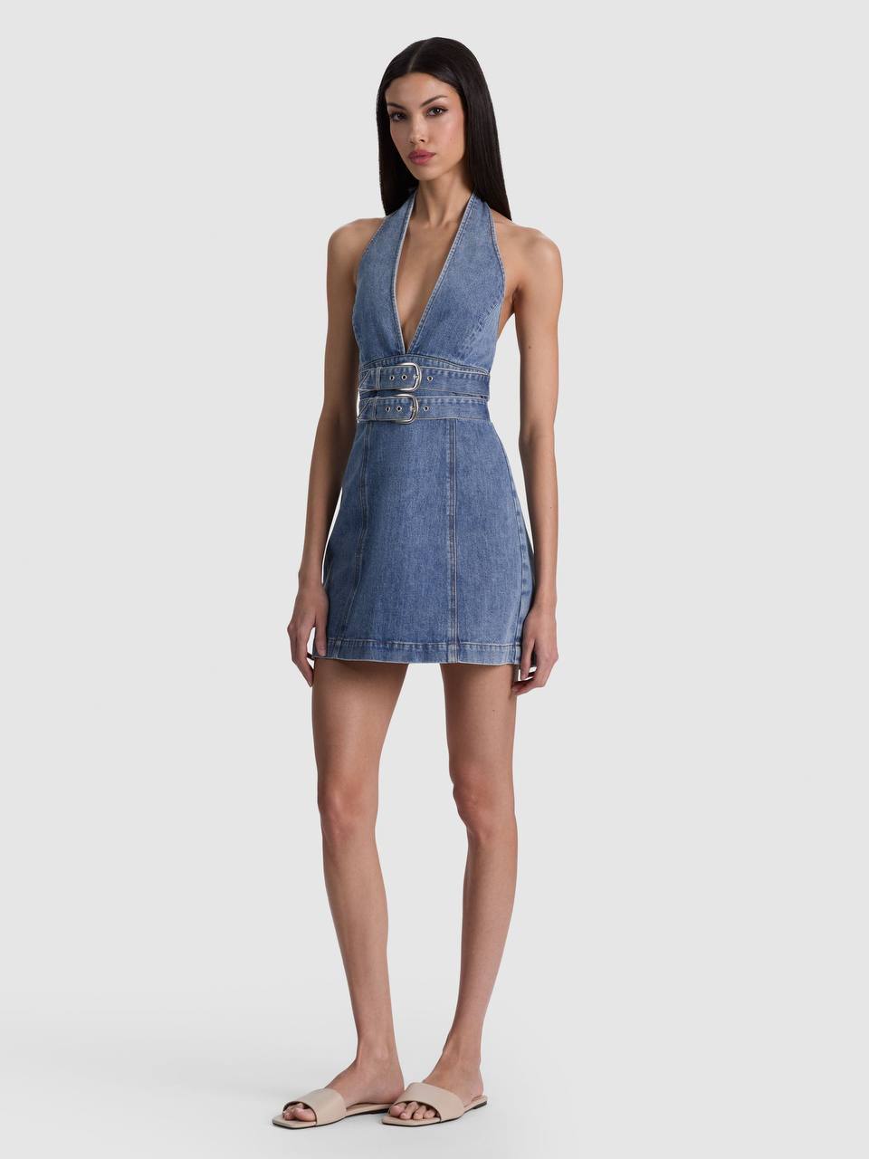 AO Solana Denim Buckle Halter Mini Dress