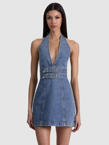 AO Solana Denim Buckle Halter Mini Dress