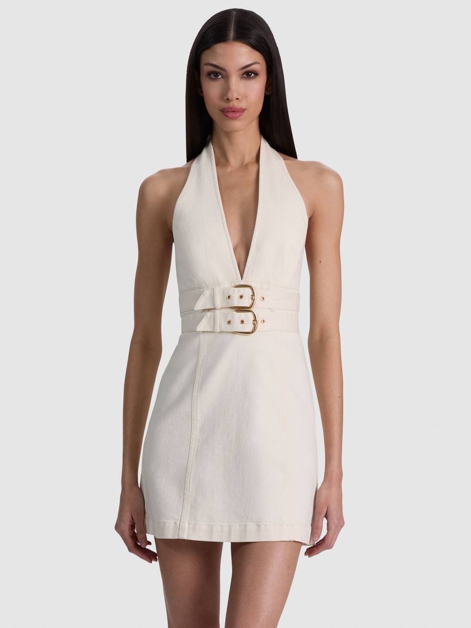 AO Solana Denim Buckle Halter Mini Dress