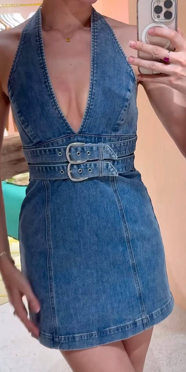 AO Solana Denim Buckle Halter Mini Dress