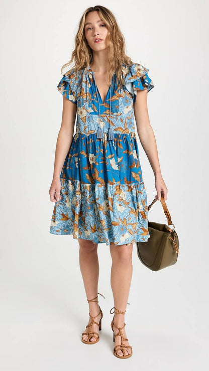 UJ Gail Flutter Sleeve Cotton-viscose Tiered Shift Mini Dress