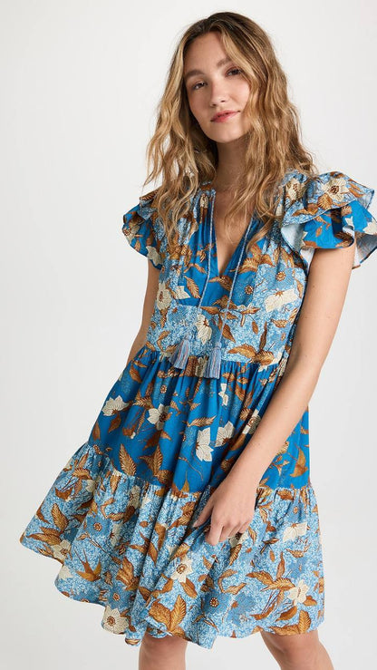 UJ Gail Flutter Sleeve Cotton-viscose Tiered Shift Mini Dress