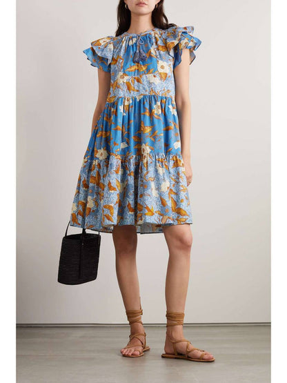UJ Gail Flutter Sleeve Cotton-viscose Tiered Shift Mini Dress