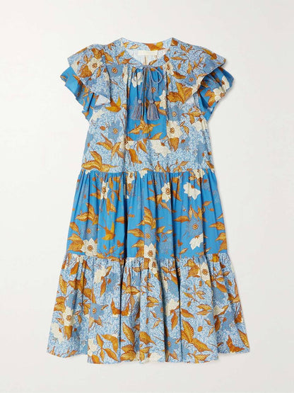 UJ Gail Flutter Sleeve Cotton-viscose Tiered Shift Mini Dress