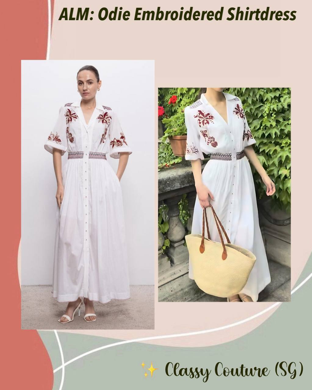 ALM016 White/Maroon Contrast Embroidered Cotton-silk Shirtdress Midi Maxi Dress