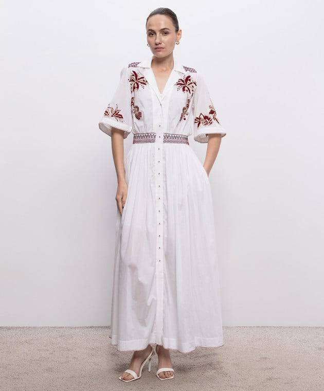 ALM016 White/Maroon Contrast Embroidered Cotton-silk Shirtdress Midi Maxi Dress