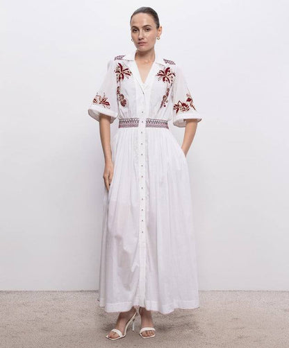 ALM016 White/Maroon Contrast Embroidered Cotton-silk Shirtdress Midi Maxi Dress
