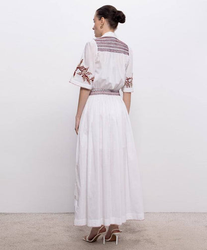 ALM016 White/Maroon Contrast Embroidered Cotton-silk Shirtdress Midi Maxi Dress