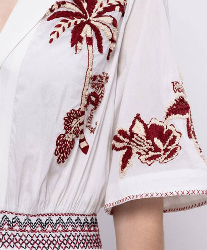 ALM016 White/Maroon Contrast Embroidered Cotton-silk Shirtdress Midi Maxi Dress