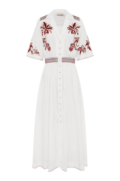 ALM016 White/Maroon Contrast Embroidered Cotton-silk Shirtdress Midi Maxi Dress