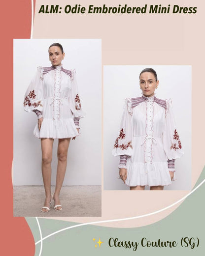 ALM015 White/Maroon Contrast Embroidered Frill Billow Cotton-silk Mini Dress