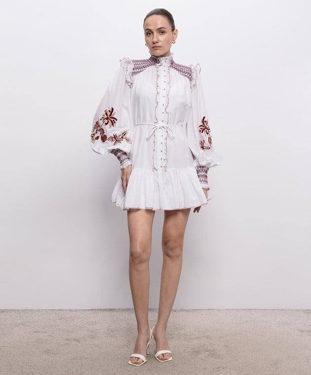 ALM015 White/Maroon Contrast Embroidered Frill Billow Cotton-silk Mini Dress