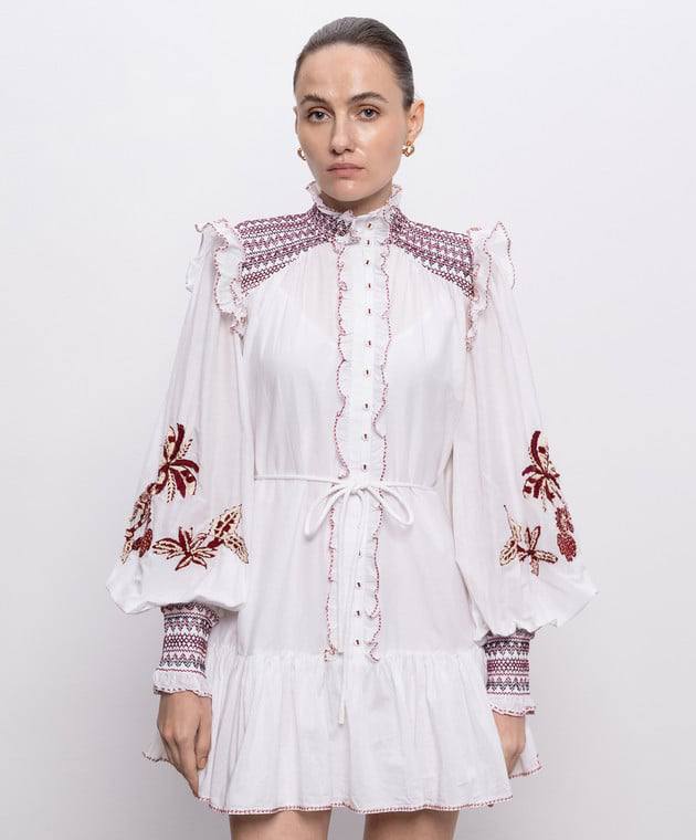 ALM015 White/Maroon Contrast Embroidered Frill Billow Cotton-silk Mini Dress