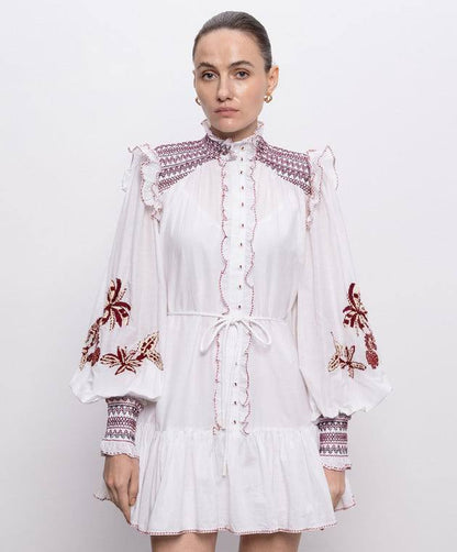 ALM015 White/Maroon Contrast Embroidered Frill Billow Cotton-silk Mini Dress