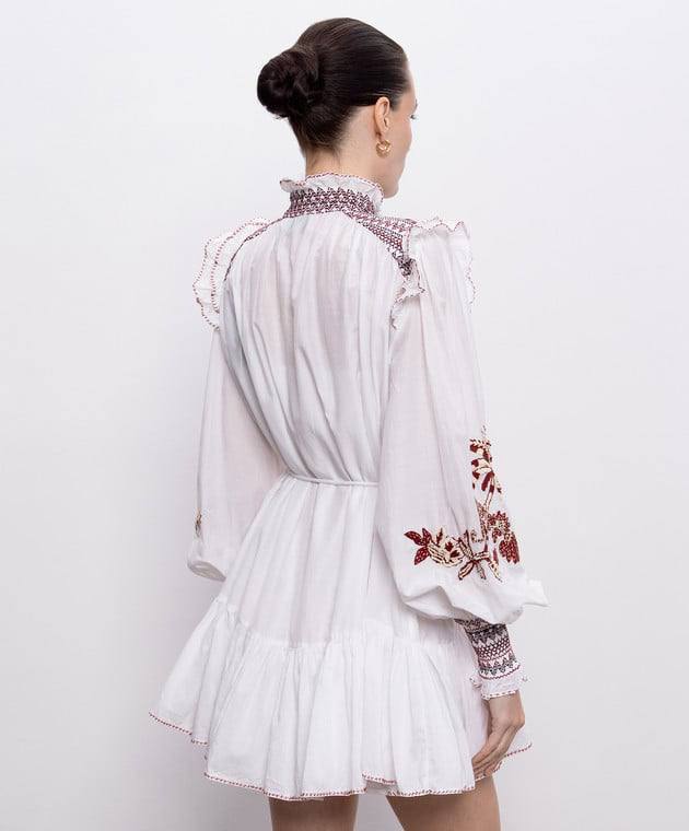 ALM015 White/Maroon Contrast Embroidered Frill Billow Cotton-silk Mini Dress
