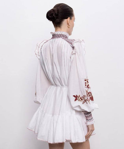 ALM015 White/Maroon Contrast Embroidered Frill Billow Cotton-silk Mini Dress