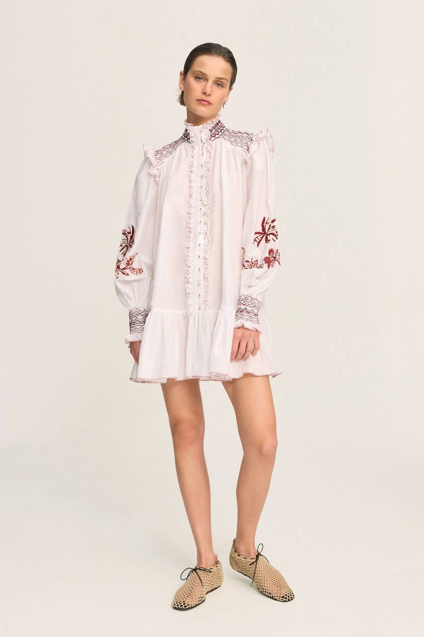 ALM015 White/Maroon Contrast Embroidered Frill Billow Cotton-silk Mini Dress