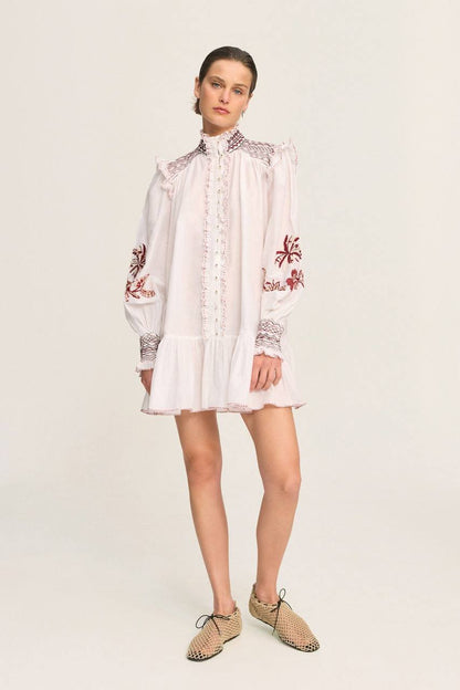 ALM015 White/Maroon Contrast Embroidered Frill Billow Cotton-silk Mini Dress