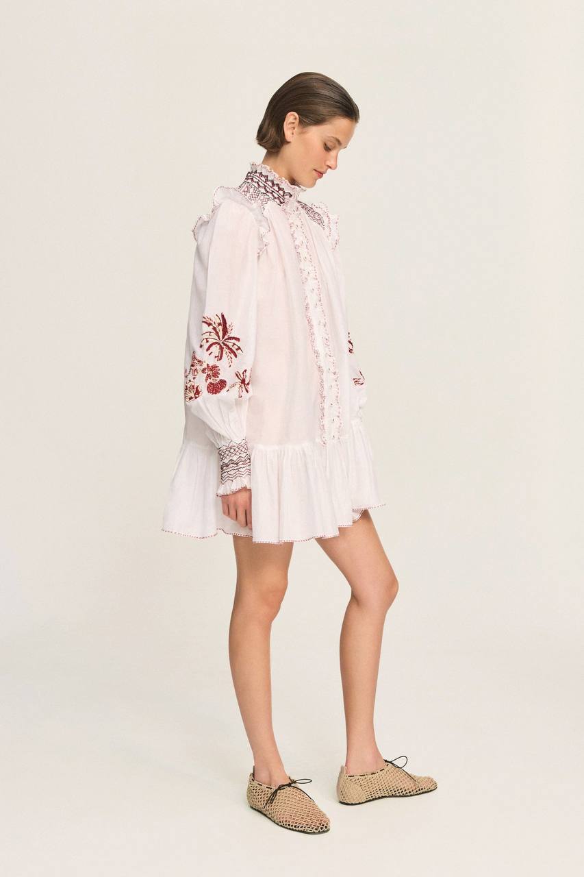 ALM015 White/Maroon Contrast Embroidered Frill Billow Cotton-silk Mini Dress