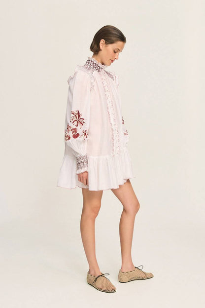ALM015 White/Maroon Contrast Embroidered Frill Billow Cotton-silk Mini Dress