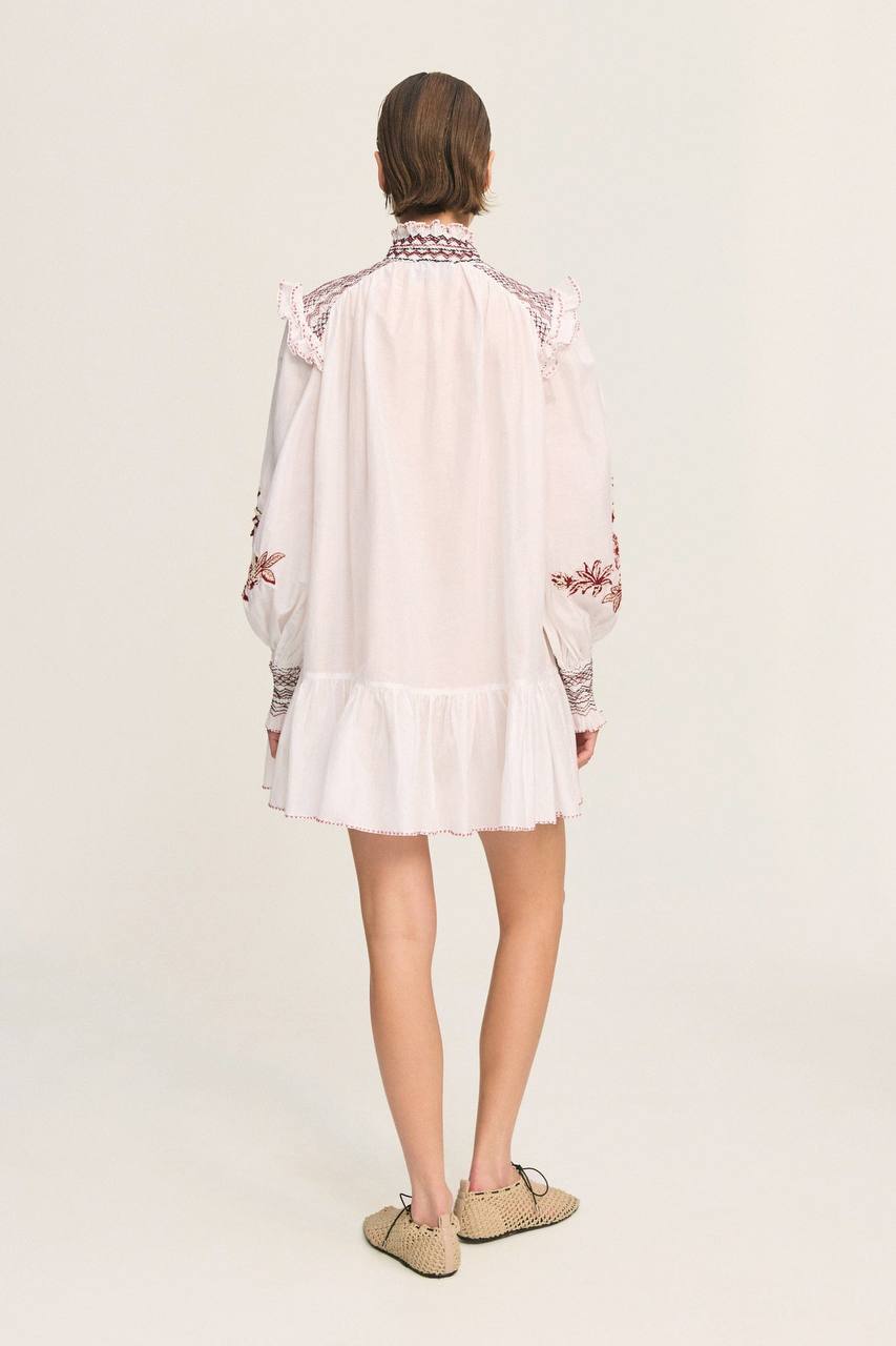 ALM015 White/Maroon Contrast Embroidered Frill Billow Cotton-silk Mini Dress