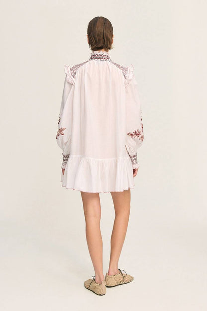 ALM015 White/Maroon Contrast Embroidered Frill Billow Cotton-silk Mini Dress