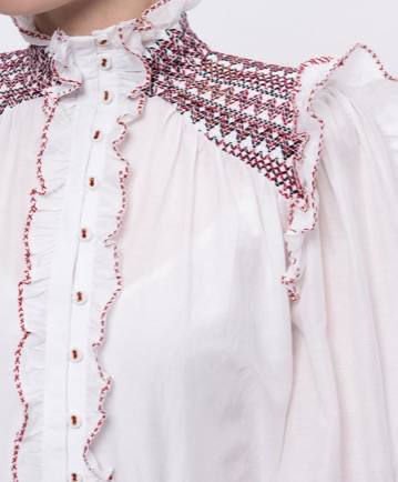 ALM015 White/Maroon Contrast Embroidered Frill Billow Cotton-silk Mini Dress