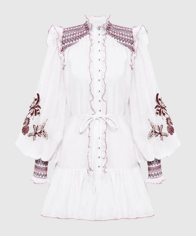 ALM015 White/Maroon Contrast Embroidered Frill Billow Cotton-silk Mini Dress