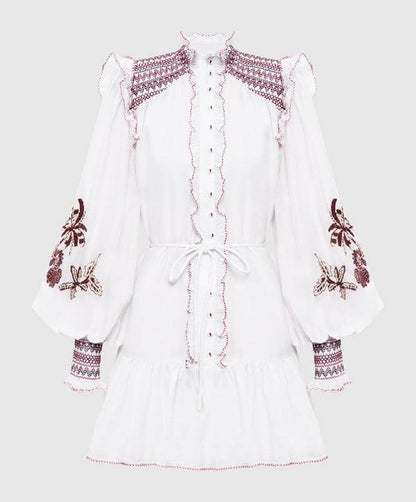 ALM015 White/Maroon Contrast Embroidered Frill Billow Cotton-silk Mini Dress