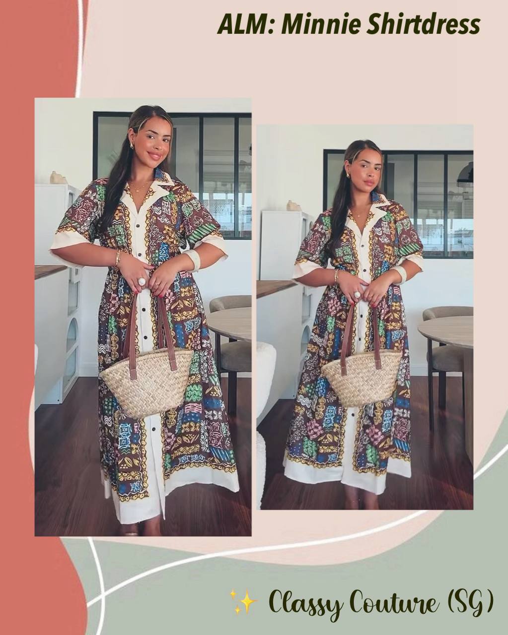 ALM017 Earth Mosaic Cotton Shirtdress Midi Dress