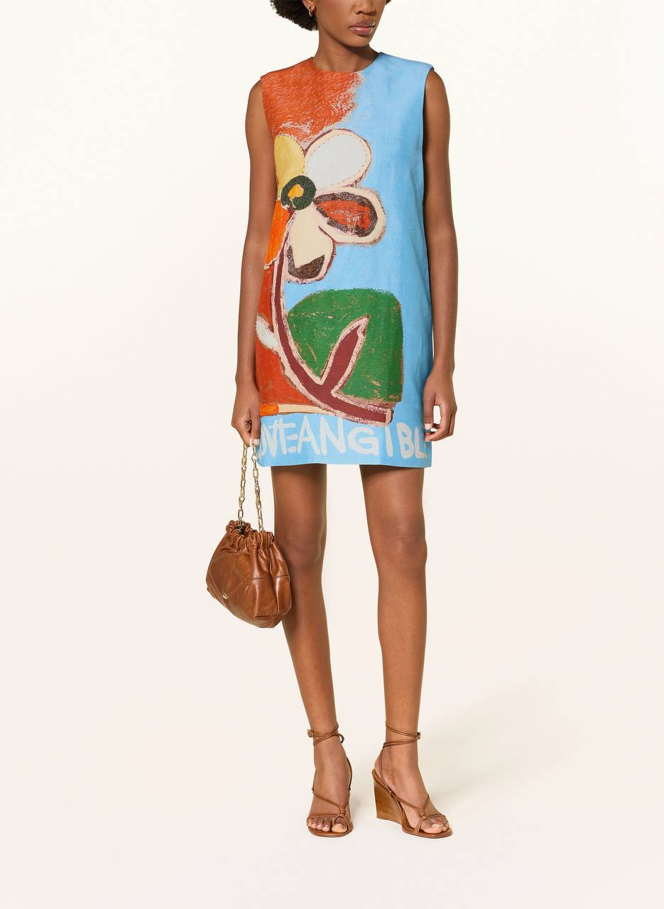 ALM018 Painted Bloom Embellished Linen-viscose Shift Mini Dress