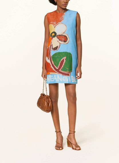ALM018 Painted Bloom Embellished Linen-viscose Shift Mini Dress