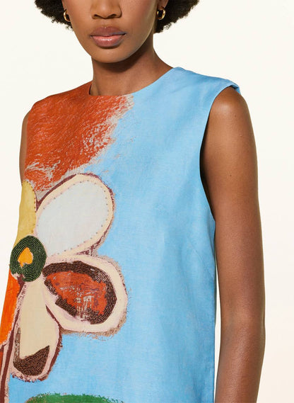 ALM018 Painted Bloom Embellished Linen-viscose Shift Mini Dress